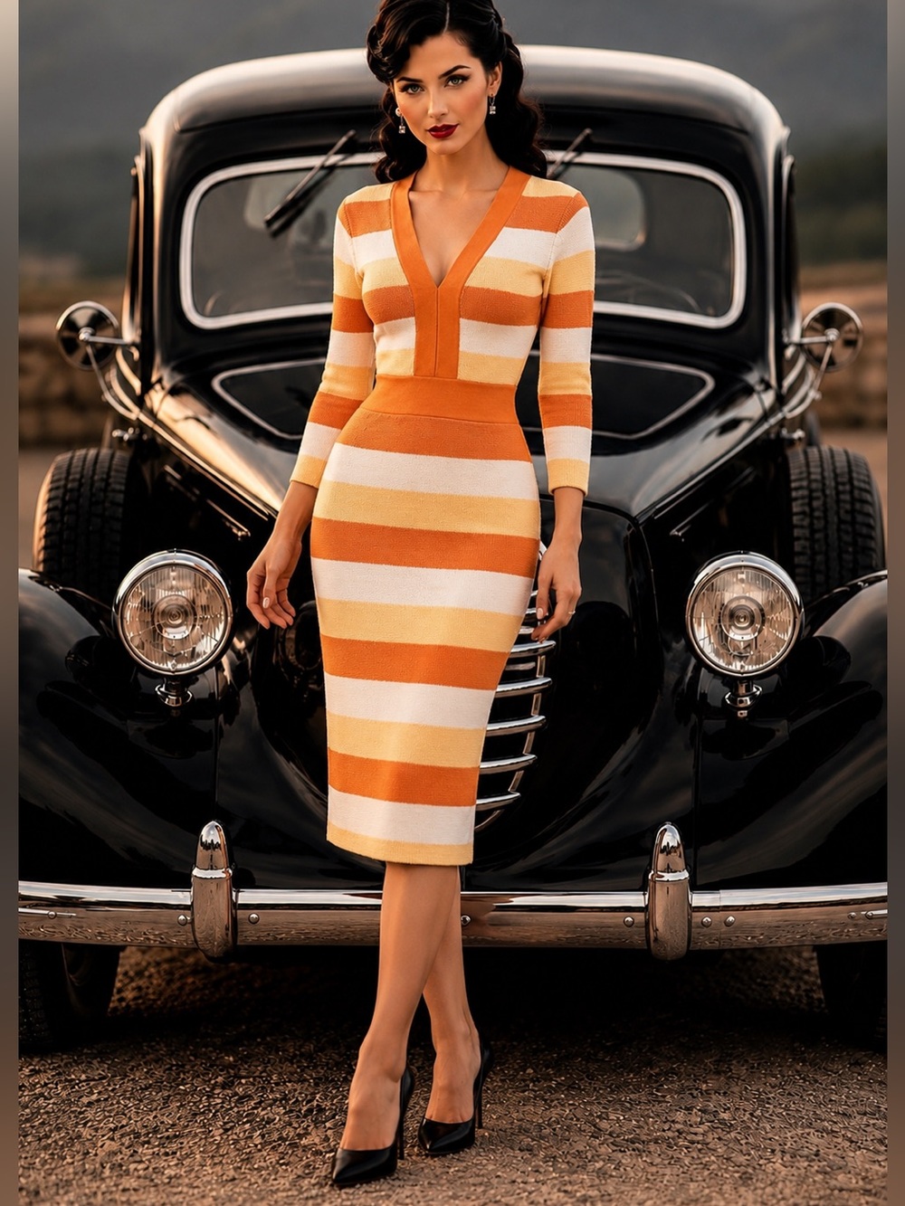 NWT Eva Mendes NY&Co Retro Striped Knit Midi Dress Orange Yellow Bodycon